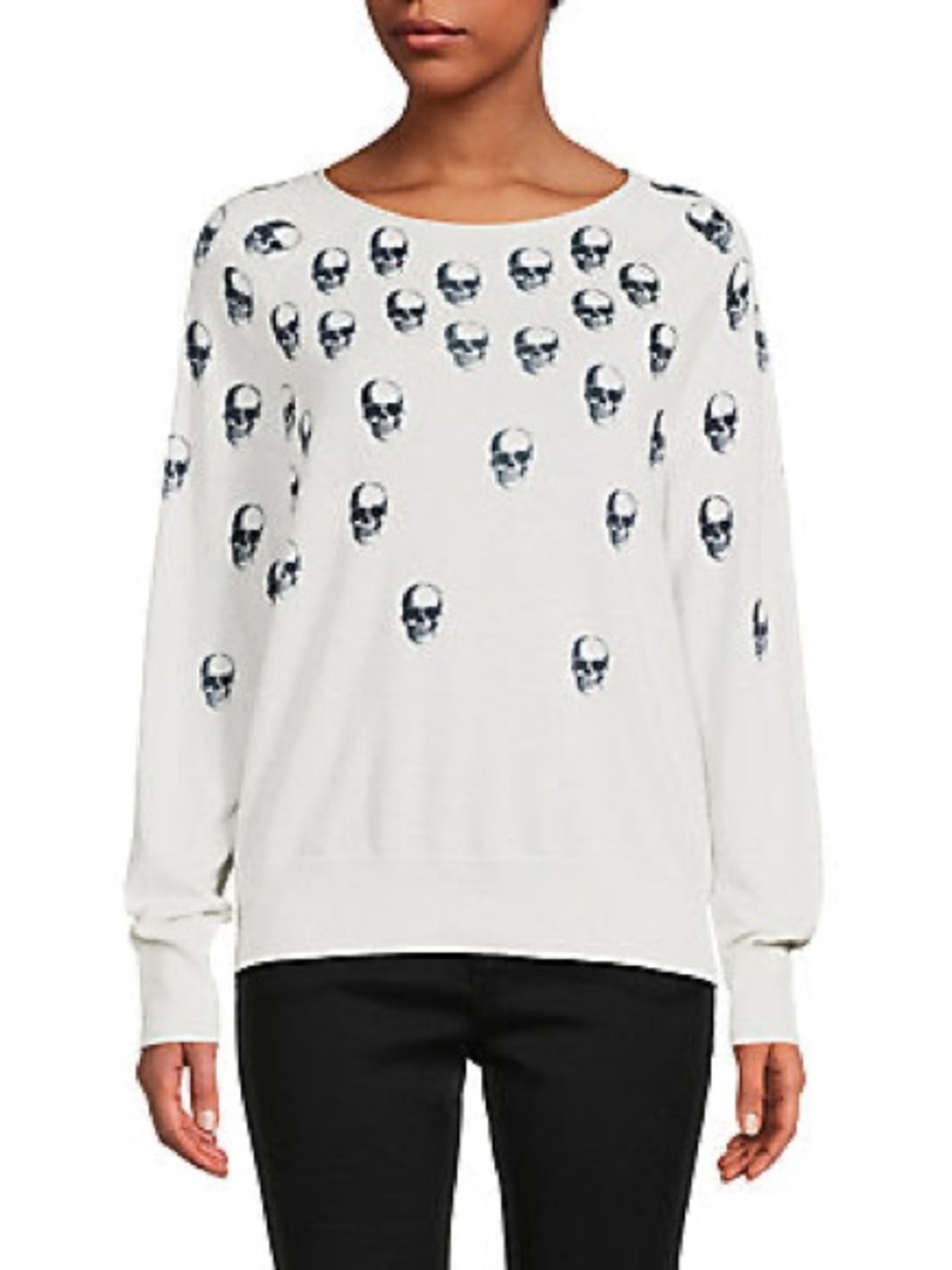 Skull Cashmere White Skull Print Long Sleeve Cashmere Blend Sweater
